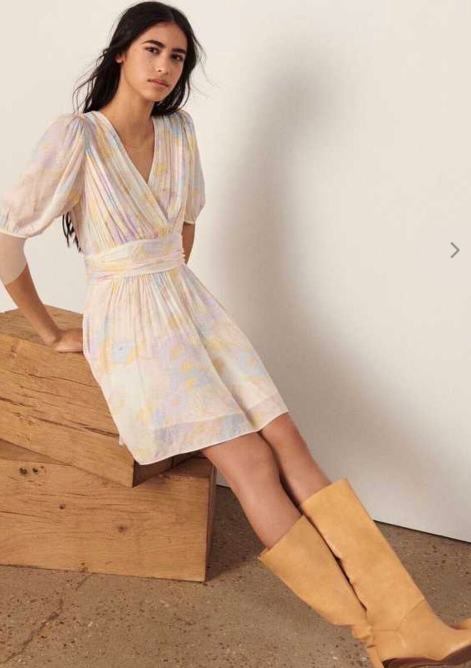 BA&SH Noam Dress Pastel Floral Short Sleeve Faux Wrap Mini Swing Dress Size M